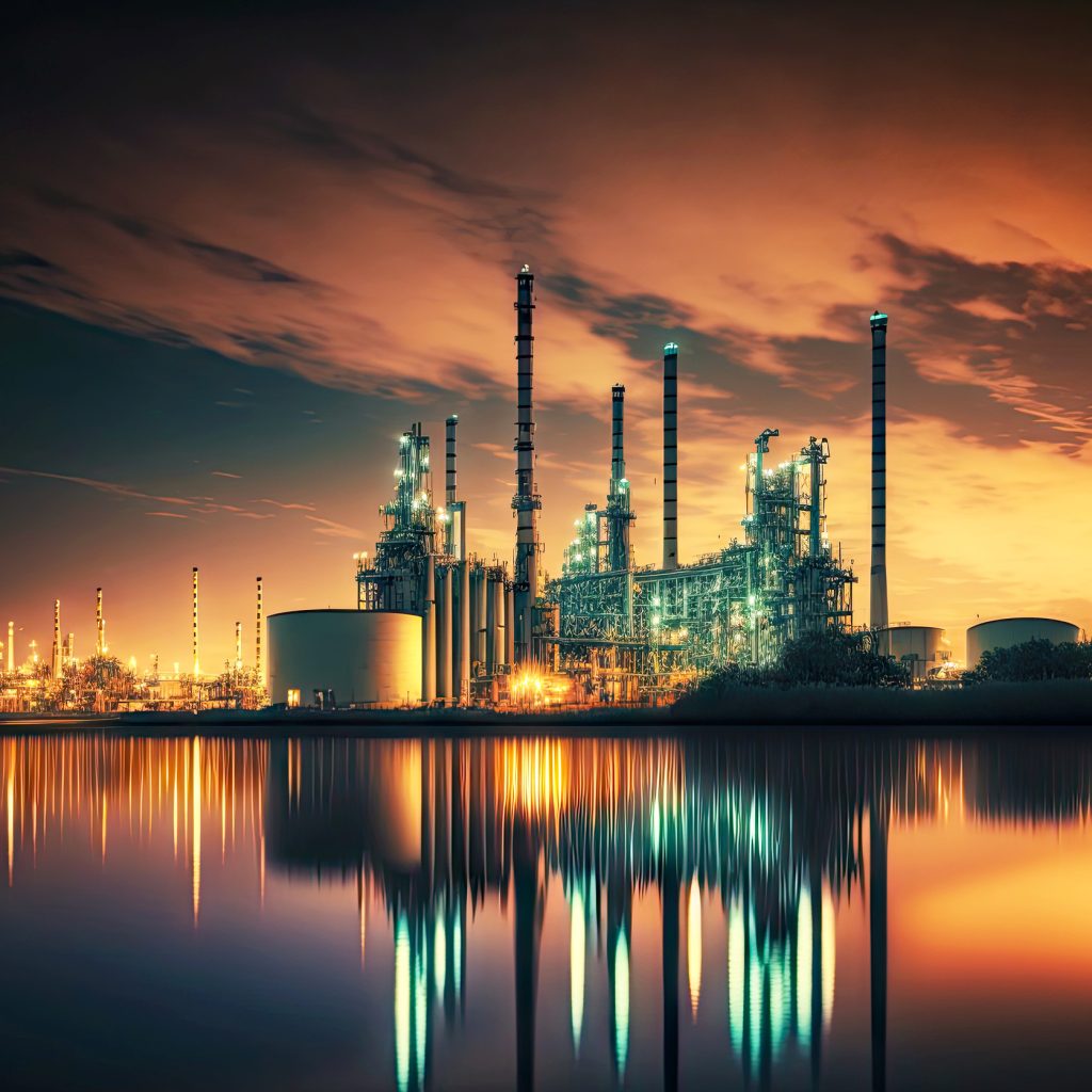 evening view of modern petrochemical industry factory on coast of reservoir